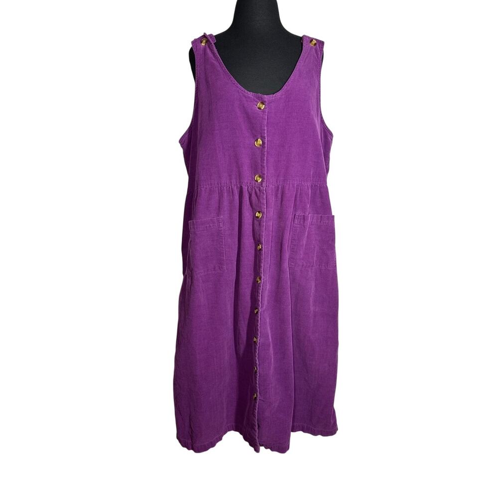 Two Twenty Corduroy Jumper Sleeveless Dress Pinafore Purple Button Front 90s XL